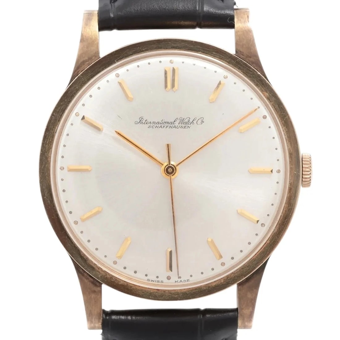IWC SCHAFFHAUSEN YG & EXTERNALLY MANUFACTURED LEATHER WATCH: Iwc Schaffhausen Yg & Externally Manufactured Leather Watch Brand: IWC Type/Style: Wristwatch Material: YG & externally manufactured leather Color: Dial Color Silver Size: Case:W1.2 x H1.2inch / W35 x