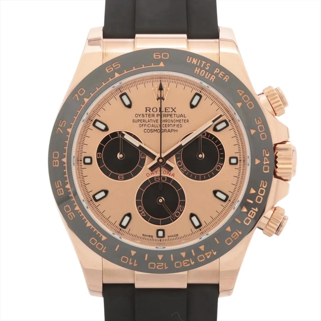 ROLEX COSMOGRAPH DAYTONA PG & RUBBER AT PINK WATCH: Rolex Cosmograph Daytona Pg & Rubber At Pink Watch Brand: Rolex Type/Style: Wristwatch Material: PG & rubber Color: Dial Color Pink Size: Case:W1.6 x H1.6inch / W40 x H40 Circumference of Wrist:7.1inc
