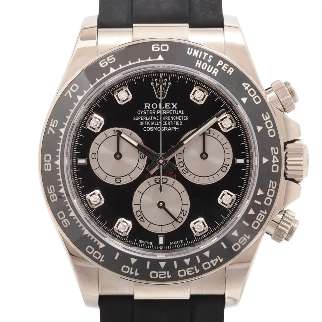 ROLEX COSMOGRAPH DAYTONA WG & RUBBER AT BRIGHT BLACK DIAL WATCH: Rolex Cosmograph Daytona Wg & Rubber At Bright Black Dial Watch Brand: Rolex Type/Style: Wristwatch Material: WG & rubber Color: Dial Color bright black Size: Case:W1.6 x H1.6inch / W40 x H40 Circumfe