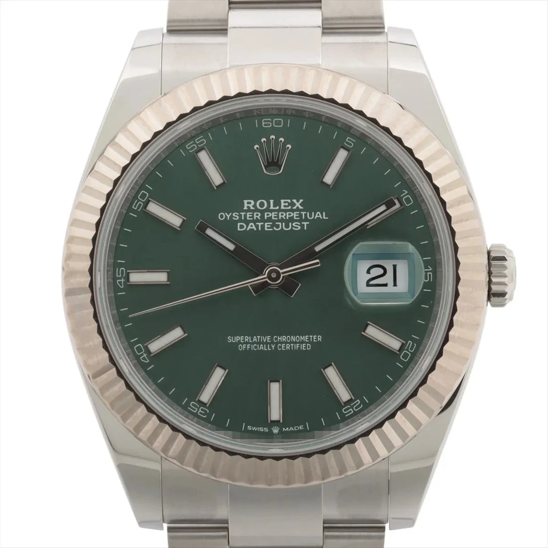 ROLEX DATEJUST 41 SS?WG AT MINT GREEN DIAL WATCH: Rolex Datejust 41 Ss?Wg At Mint Green Dial Watch Brand: Rolex Type/Style: Wristwatch Material: SS?WG Color: Dial Color mint green Size: Case:W1.6 x H1.6inch / W41 x H41 Circumference of Wrist:7.5inch 