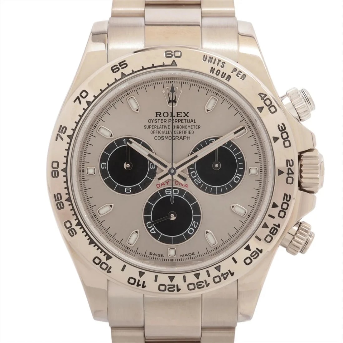 ROLEX COSMOGRAPH DAYTONA WG AT STEEL DIAL WATCH: Rolex Cosmograph Daytona Wg At Steel Dial Watch Brand: Rolex Type/Style: Wristwatch Material: WG Color: Dial Color steels Size: Case:W1.6 x H1.6inch / W40 x H40 Circumference of Wrist:6.9inch / 17.5