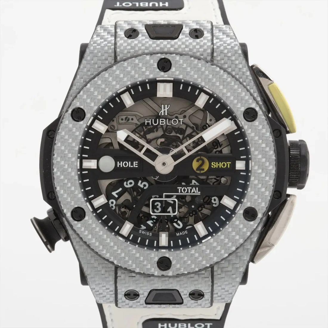 HUBLOT BIG BANG UNICO GOLFING CARBON TI X RUBBER AT SKELETON DIAL WATCH: Hublot Big Bang Unico Golfing Carbon Ti X Rubber At Skeleton Dial Watch Brand: Hublot Type/Style: Wristwatch Material: Carbon & rubber Color: Dial Color Skeleton Size: Case:W1.6 x H1.6inch / W44 x H44
