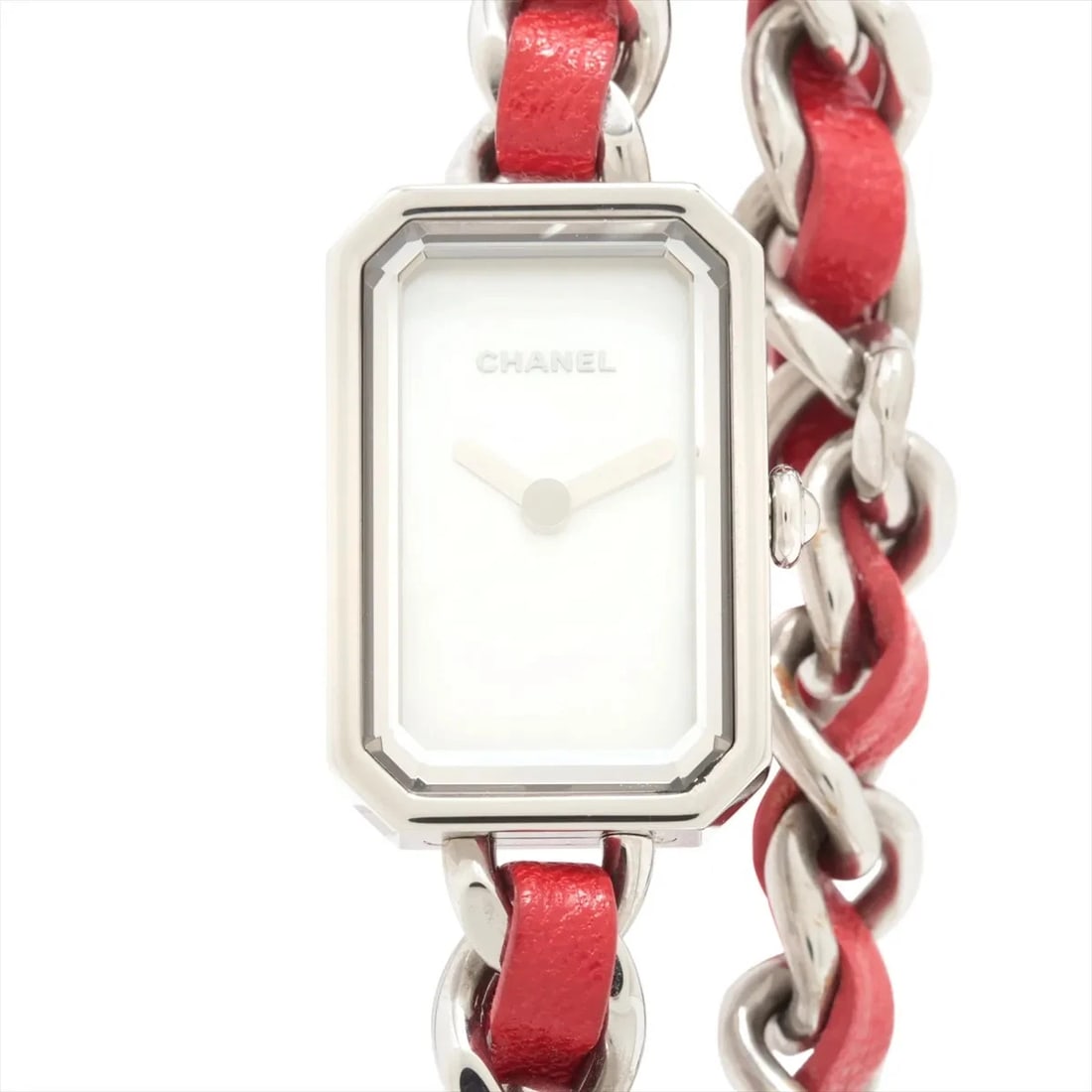 CHANEL PREMIER ROCK SS & LEATHER QZ WHITE SHELL DIAL WATCH: Chanel Premier Rock Ss & Leather Qz White Shell Dial Watch Brand: Chanel Type/Style: Wristwatch Material: SS & Leather Color: Dial Color white shell Size: Case:W0.4 x H0.8inch / W16 x H24 Circumferenc