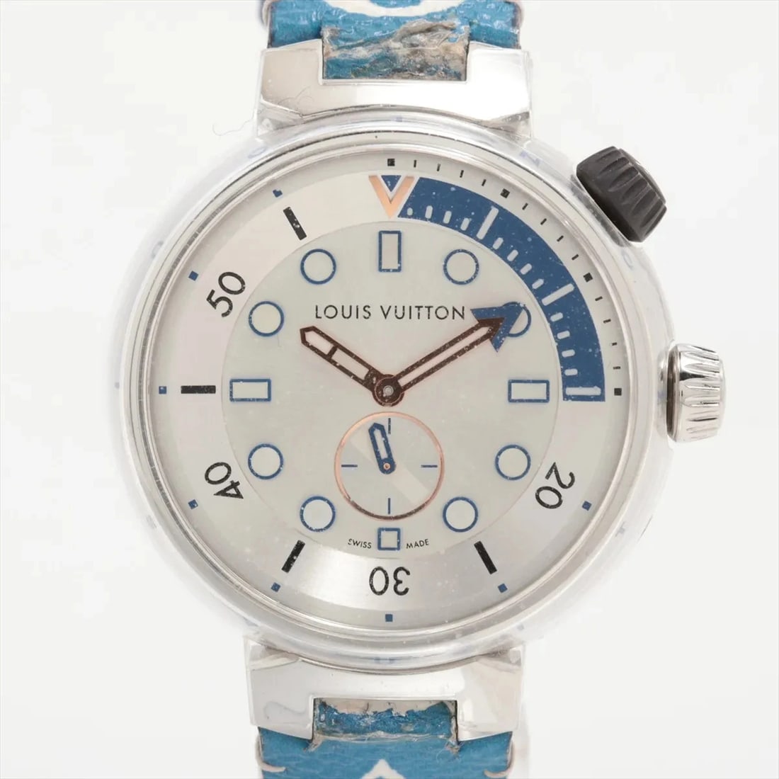 LOUIS VUITTON TAMBOUR SS & LEATHER AT SILVER WATCH: Louis Vuitton Tambour Ss & Leather At Silver Watch Brand: Louis Vuitton Type/Style: Wristwatch Material: SS & Leather Color: Dial Color Silver Size: Case:W1.2 x H1.2inch / W38 x H38 Circumference of W