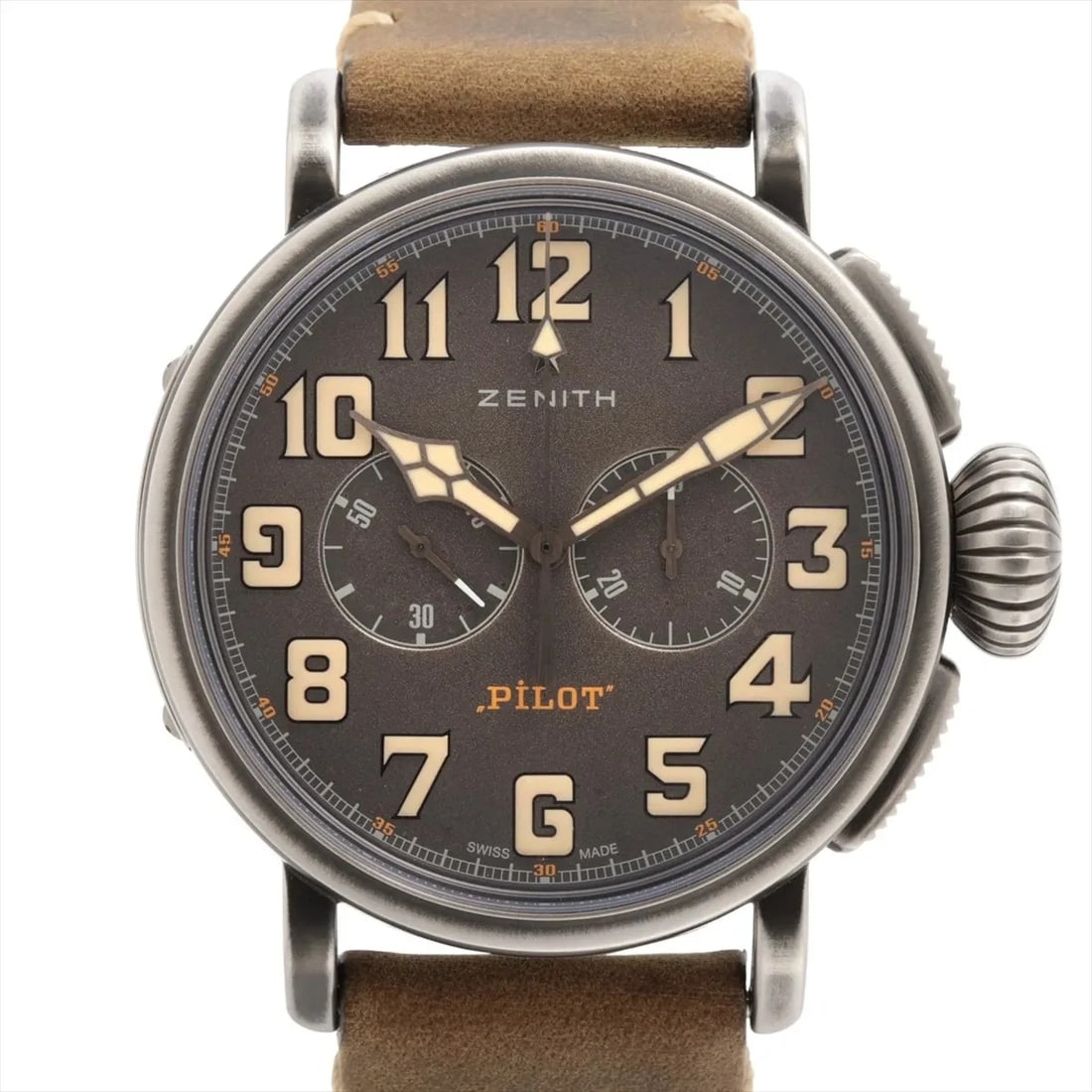 ZENITH HERITAGE PILOT SS & LEATHER AT WATCH: Zenith Heritage Pilot Ss & Leather At Watch Brand: Zenith Type/Style: Wristwatch Material: SS & Leather Color: Dial Color slate grey Size: Case:W1.6 x H1.6inch / W45 x H45 Circumference of Wrist:7.9in