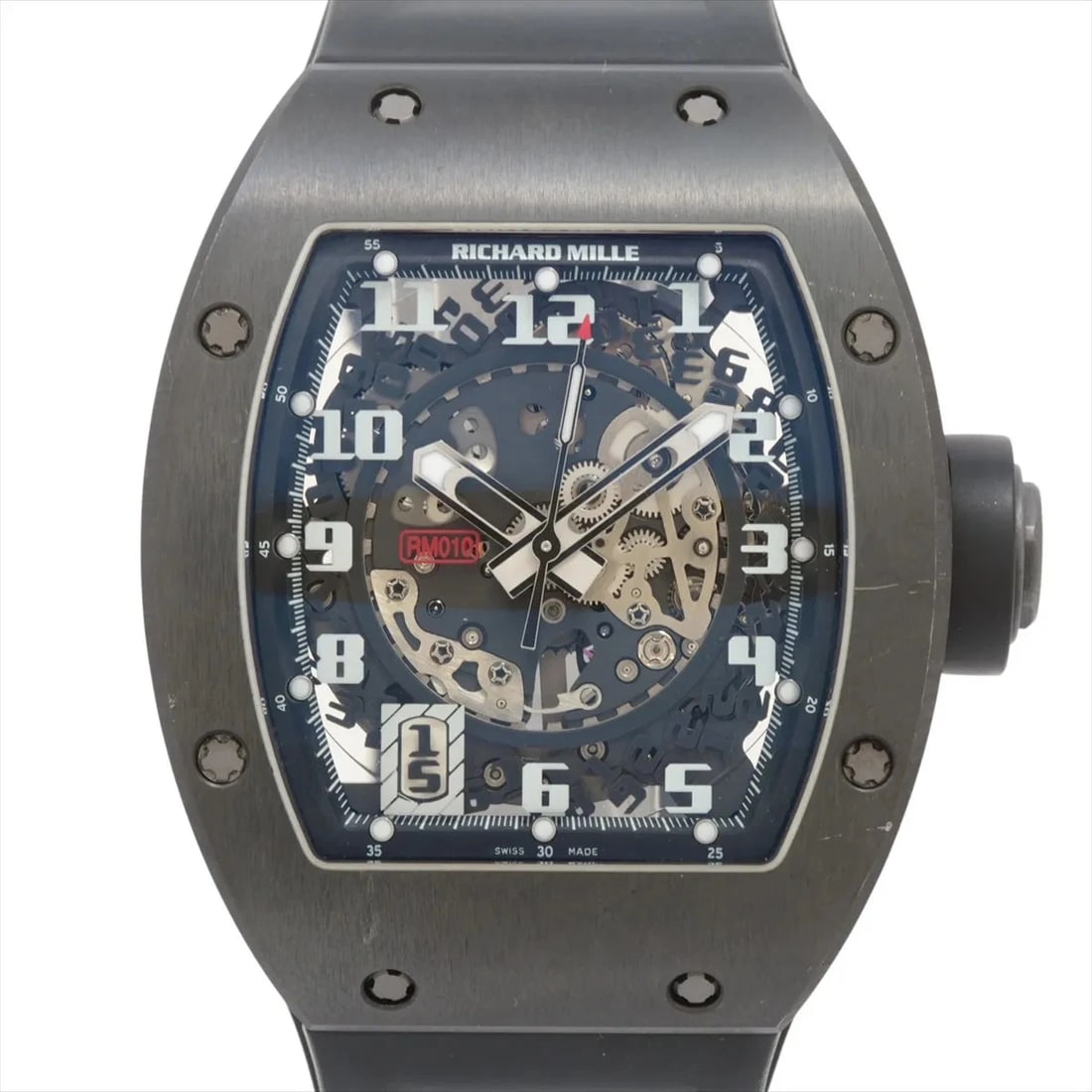 RICHARD MILLE TI X RUBBER AT SKELETON DIAL WATCH: Richard Mille Ti X Rubber At Skeleton Dial Watch Brand: Richard Mille Type/Style: Wristwatch Material: Ti & rubber Color: Dial Color Skeleton Size: Case:W1.2 x H1.6inch / W39 x H48 Circumference of Wr
