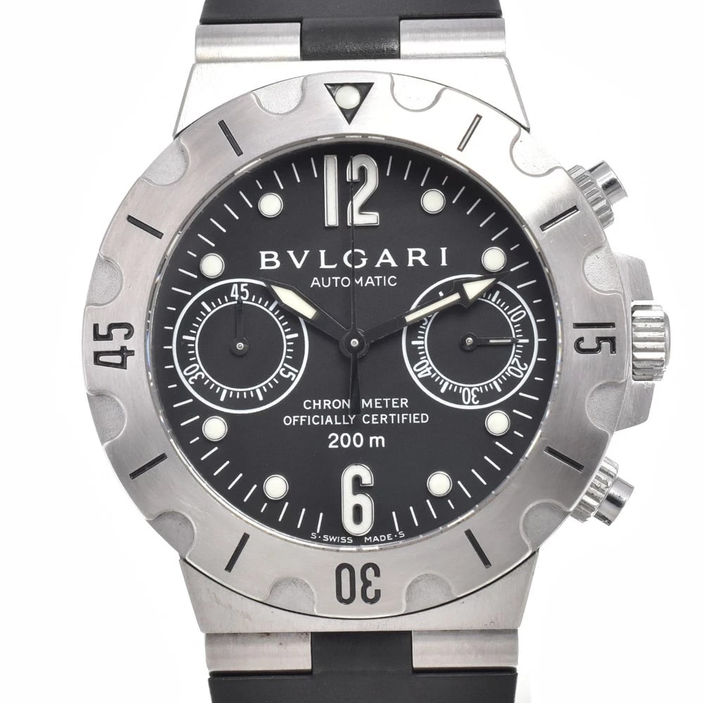 BVLGARI DIAGONO SCUBA CHRONOGRAPH BLACKDIAL AUTOMATIC WATCH: Bvlgari Diagono Scuba Chronograph Blackdial Automatic Watch Brand: BVLGARI Type/Style: Wristwatch Material: Band Material rubber, Case Material Stainless Steel Color: Case Color Silver, Band Color bla