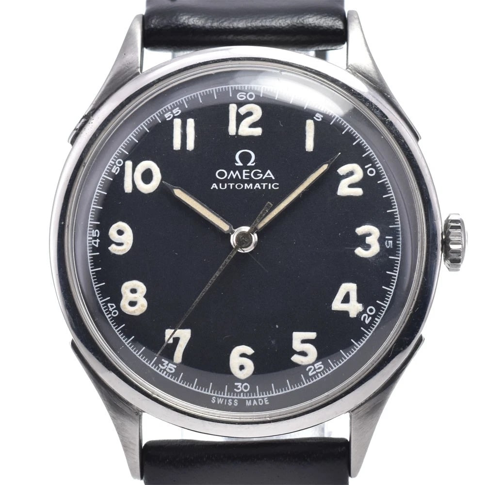 OMEGA HALF-ROTOR BLACK DIAL AUTOMATIC WATCH: Omega Half-Rotor Black Dial Automatic Watch Brand: OMEGA Type/Style: Wristwatch Material: Band Material leather, Case Material Stainless Steel Color: Case Color Silver, Band Color black, Dial Color