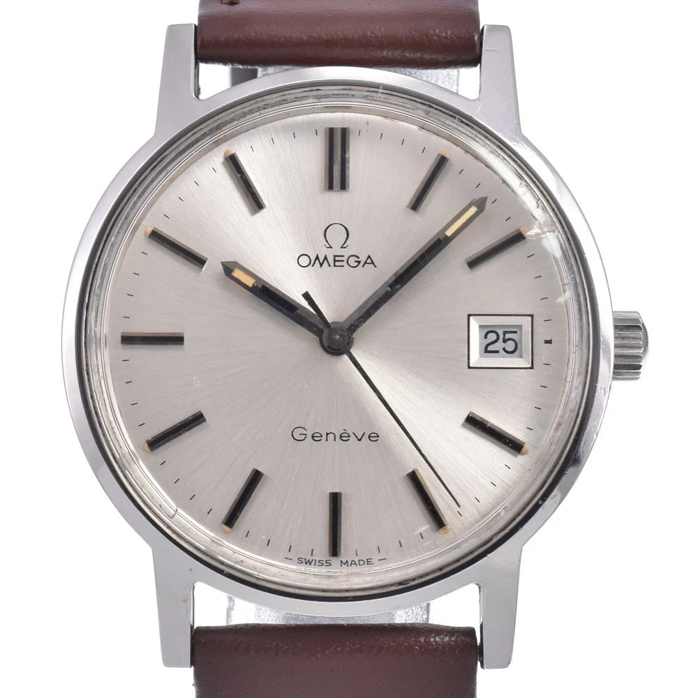 OMEGA SEAMASTER GENEVE HAND WINDING WATCH: Omega Seamaster Geneve Hand Winding Watch Brand: OMEGA Type/Style: Wristwatch Material: Band Material leather, Case Material Stainless Steel Color: Case Color Silver, Band Color Brown, Dial Color Silv