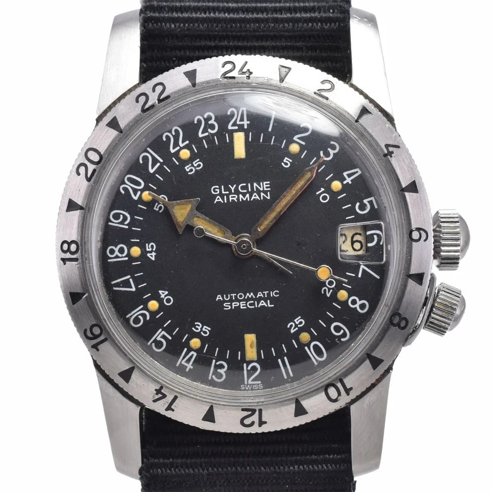GLYCINE AIRMAN DATE BLACK DIAL AUTOMATIC WATCH: Glycine Airman Date Black Dial Automatic Watch Brand: GLYCINE Type/Style: Wristwatch Material: Band Material Nylon, Case Material Stainless Steel Color: Case Color Silver, Band Color black, Dial Color