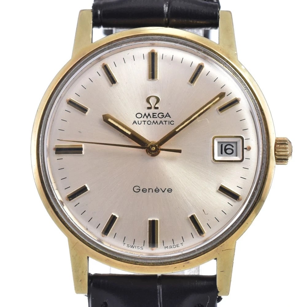 OMEGA GENEVA AUTOMATIC WATCH: Omega Geneva Automatic Watch Brand: OMEGA Type/Style: Wristwatch Material: Band Material leather, Case Material Gold Plated/Stainless Steel Color: Case Color gold, Band Color black, Dial Color Silver