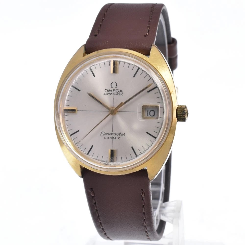 OMEGA SEAMASTER COSMIC AUTOMATIC WATCH: Omega Seamaster Cosmic Automatic Watch Brand: OMEGA Type/Style: Wristwatch Material: Band Material leather, Case Material Gold Plated Color: Case Color gold, Band Color Brown, Dial Color Silver Size: 