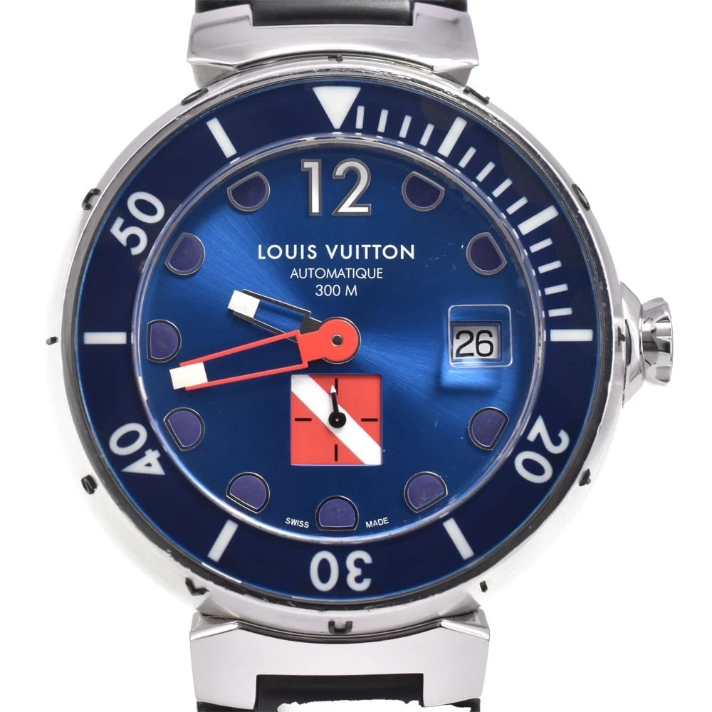 LOUIS VUITTON TAMBOUR DIVING BLUE DIAL WATCH: Louis Vuitton Tambour Diving Blue Dial Watch Brand: LOUIS VUITTON Type/Style: Wristwatch Material: Band Material rubber, Case Material Stainless Steel Color: Case Color Silver, Band Color black, Dial