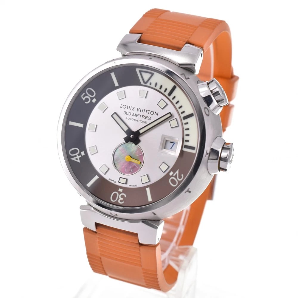 LOUIS VUITTON TAMBOUR DIVING AUTOMATIC WATCH: Louis Vuitton Tambour Diving Automatic Watch Brand: LOUIS VUITTON Type/Style: Wristwatch Material: Band Material rubber, Case Material Stainless Steel Color: Case Color Silver, Band Color Orange,