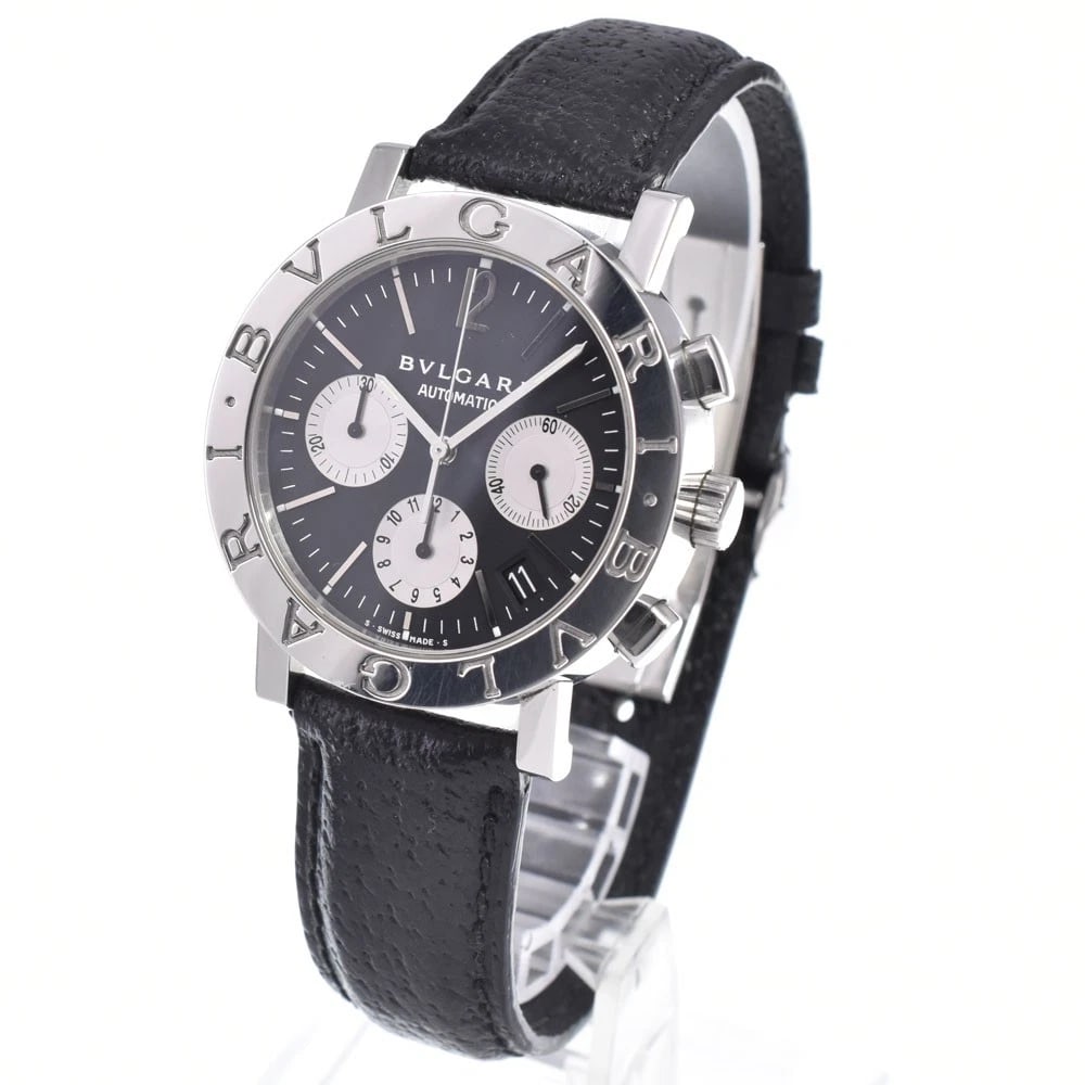 BVLGARI AUTOMATIC WATCH: Bvlgari Automatic Watch Brand: BVLGARI Type/Style: Wristwatch Material: Band Material leather, Case Material Stainless Steel Color: Case Color Silver, Band Color black, Dial Color black Size: Case