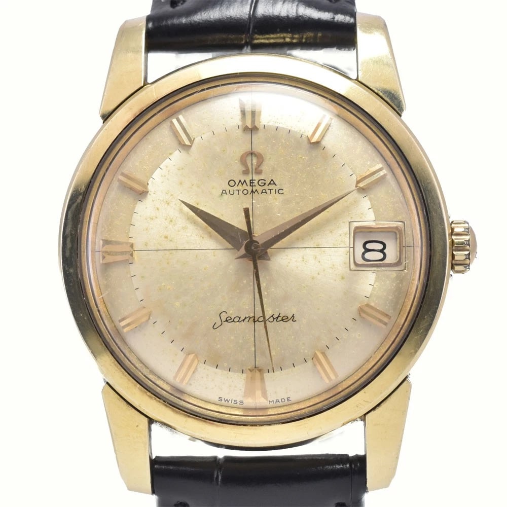 OMEGA SEAMASTER AUTOMATIC WATCH: Omega Seamaster Automatic Watch Brand: OMEGA Type/Style: Wristwatch Material: Band Material leather, Case Material Gold Plated Color: Case Color gold, Band Color black, Dial Color Champagne Size: