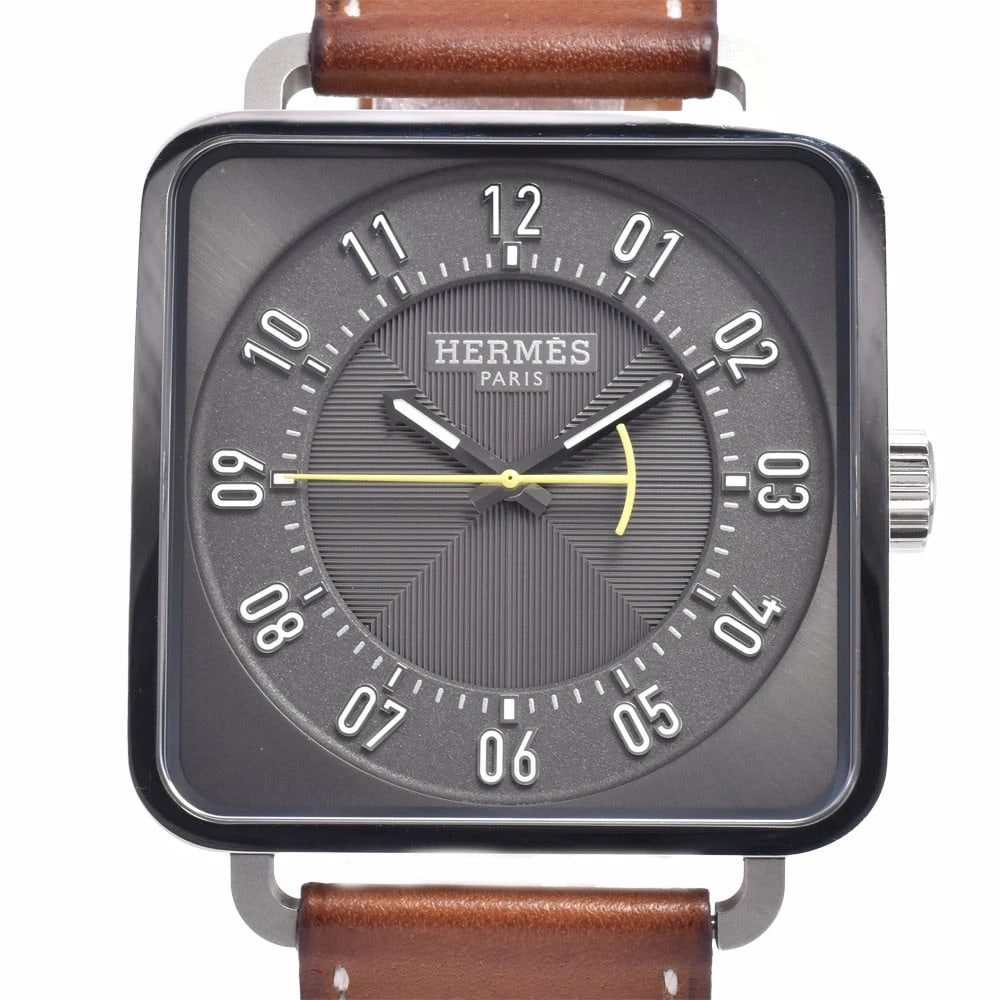 HERMES CARRE ASH DATE AUTOMATIC WATCH: Hermes Carre Ash Date Automatic Watch Brand: HERMES Type/Style: Wristwatch Material: Band Material leather, Case Material Stainless Steel Color: Case Color Silver, Band Color Brown, Dial Color gray