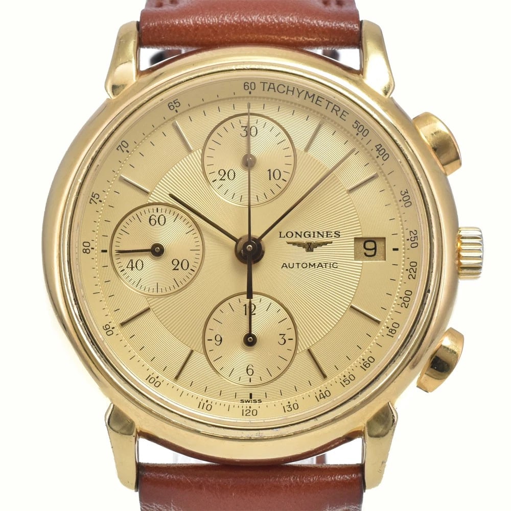 LONGINES GRAND CLASSIC CHRONOGRAPH AUTOMATIC WATCH: Longines Grand Classic Chronograph Automatic Watch Brand: LONGINES Type/Style: Wristwatch Material: Band Material leather, Case Material Gold Plated Color: Case Color gold, Band Color Brown, Dial Colo