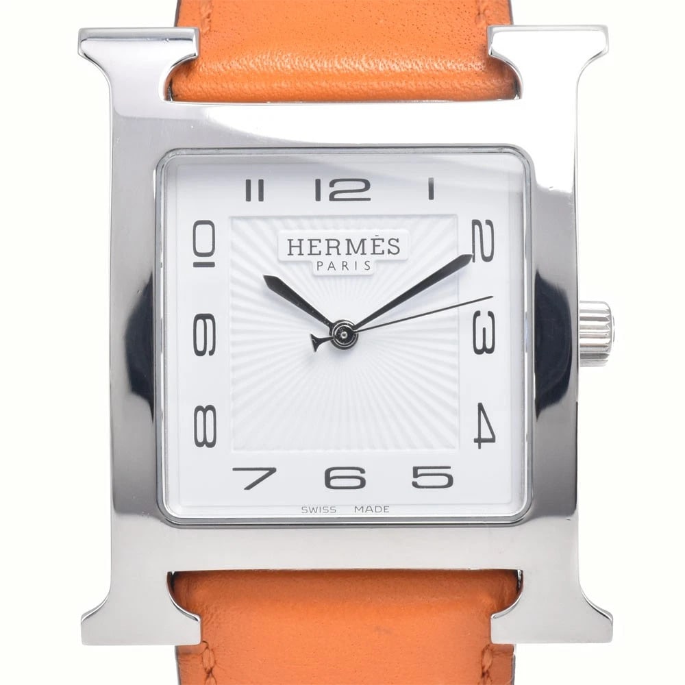 HERMES H WATCH SS/LEATHER WHITE DIAL QUARTZ WATCH: Hermes H Watch Ss/Leather White Dial Quartz Watch Brand: HERMES Type/Style: Wristwatch Material: Band Material leather, Case Material Stainless Steel Color: Case Color Silver, Band Color Orange, Dial