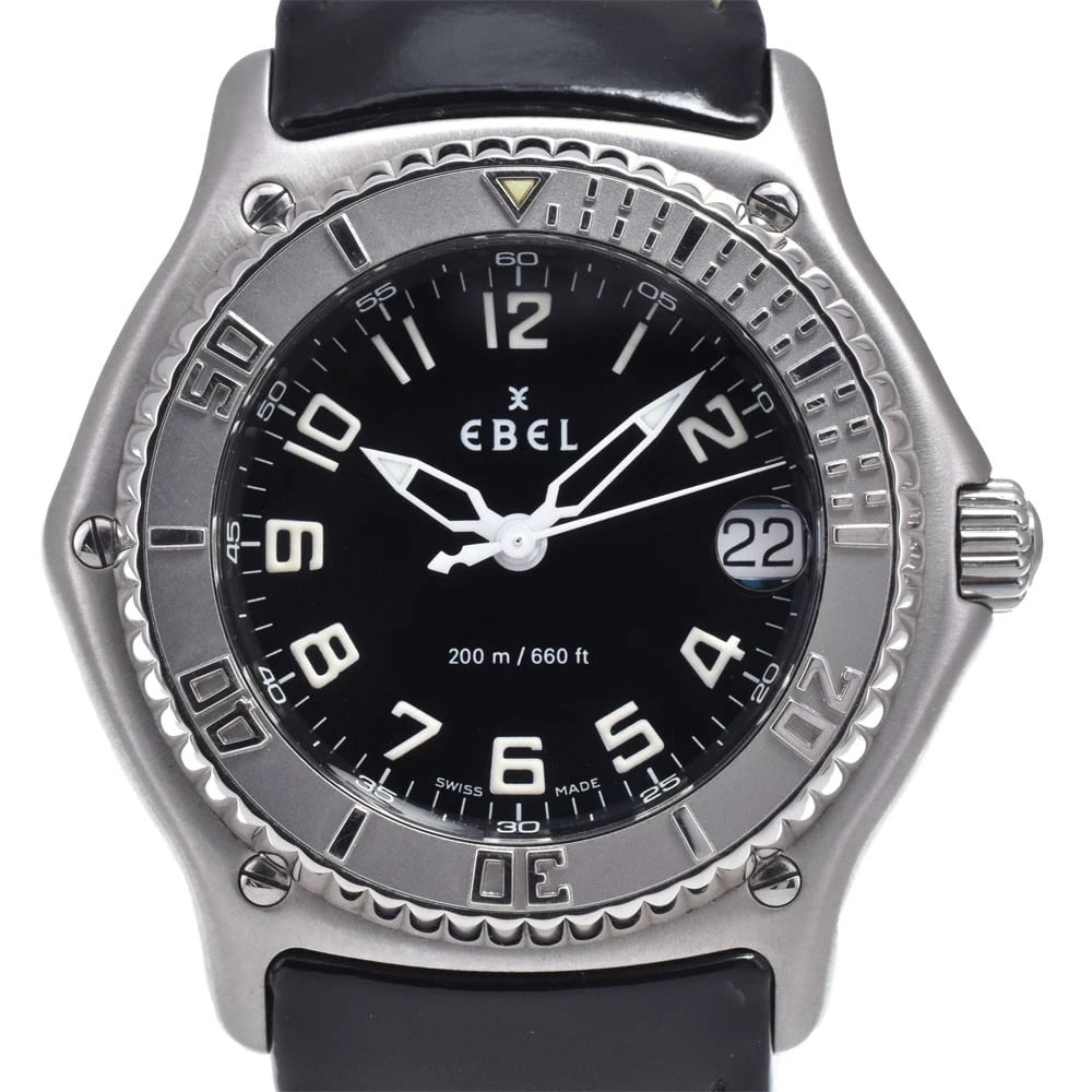 EBEL DISCOVERY DATE BLACK DIAL QUARTZ WATCH: Ebel Discovery Date Black Dial Quartz Watch Brand: EBEL Type/Style: Wristwatch Material: Band Material leather, Case Material Stainless Steel Color: Case Color Silver, Band Color black, Dial Color