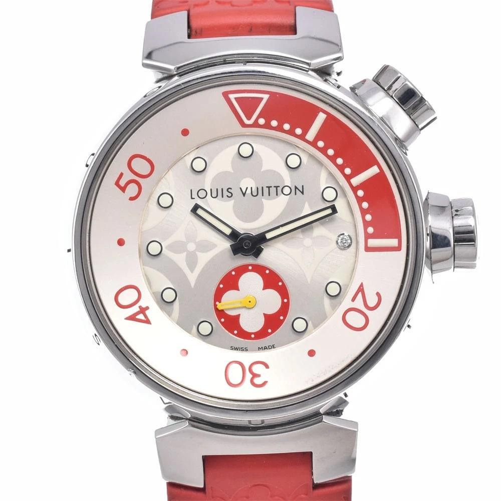 LOUIS VUITTON TAMBOUR 1P DIAMOND SILVER DIAL QUARTZ WATCH: Louis Vuitton Tambour 1P Diamond Silver Dial Quartz Watch Brand: LOUIS VUITTON Type/Style: Wristwatch Material: Band Material rubber, Case Material Stainless Steel Color: Case Color Silver, Band Color