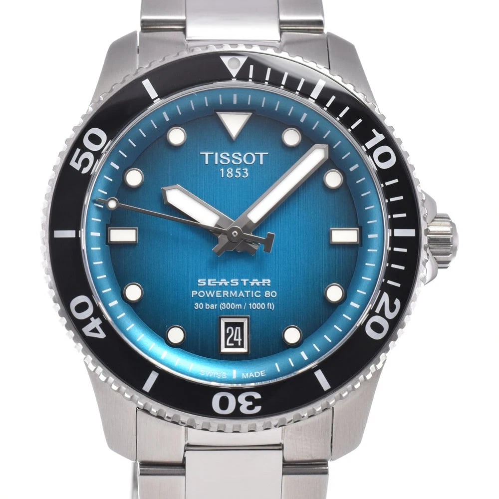 TISSOT SEA STAR DATE BLUE AUTOMATIC WATCH: Tissot Sea Star Date Blue Automatic Watch Brand: TISSOT Type/Style: Wristwatch Material: Band Material Stainless Steel, Case Material Stainless Steel Color: Case Color Silver, Band Color Silver, Dial 