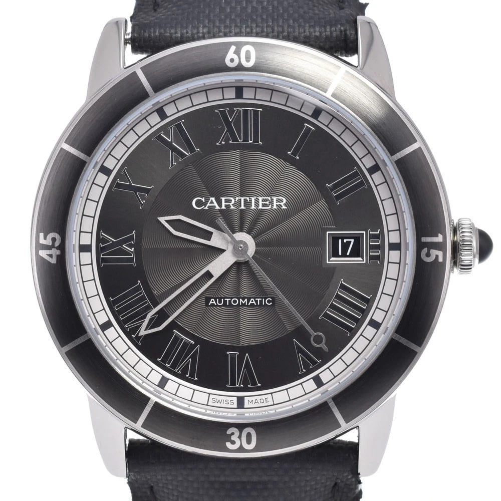 CARTIER RONDE CROISIER DATE AUTOMATIC WATCH: Cartier Ronde Croisier Date Automatic Watch Brand: CARTIER Type/Style: Wristwatch Material: Band Material leather, Case Material Stainless Steel Color: Case Color Silver, Band Color black, Dial Color 