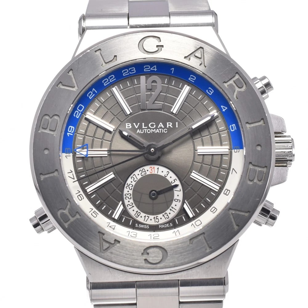 BVLGARI DIAGONO GMT DATE GRAY DIAL AUTOMATIC WATCH: Bvlgari Diagono Gmt Date Gray Dial Automatic Watch Brand: BVLGARI Type/Style: Wristwatch Material: Band Material Stainless Steel, Case Material Stainless Steel Color: Case Color Silver, Band Color Sil