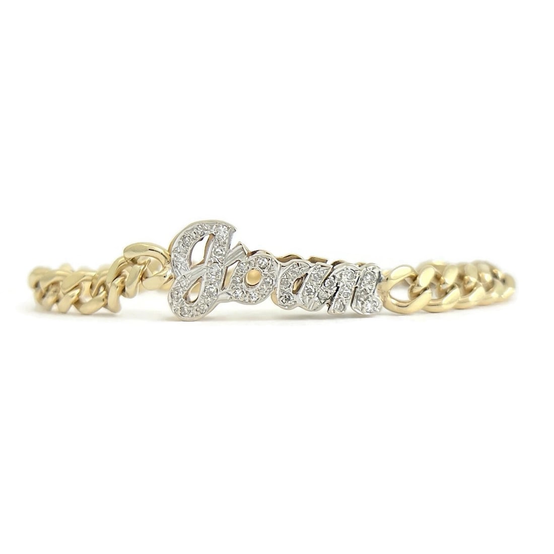 JOAN DIAMOND NAME ID CURB CHAIN BRACELET 14K YELLOW GOLD: Joan Diamond Name ID Curb Chain Bracelet 14K Yellow Gold Brand: Estate Type/Style: Bracelet Material: 14K Yellow Gold, Main Stone Natural Color: Gold Size: Length: 7 inches Width: 12.5 mm Accessor
