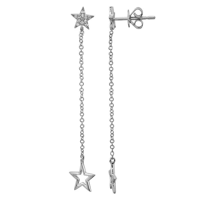 PAVE DIAMOND STAR CHAIN DANGLE EARRINGS 14K WHITE GOLD: Pave Diamond Star Chain Dangle Earrings 14K White Gold Brand: Unbranded Type/Style: Earrings Material: 14K White Gold, Main Stone Natural Color: Silver Size: Length: 2 in Width: 8.5 mm Accessories