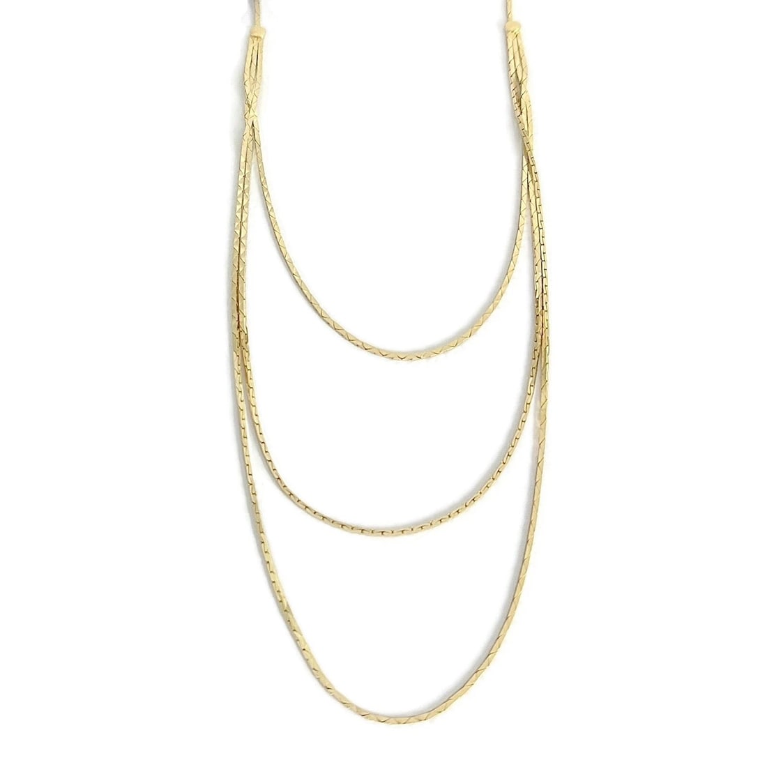 ITALIAN THIN MULTI STRAND NECKLACE 14K YELLOW GOLD: Italian Thin Multi Strand Necklace 14K Yellow Gold Brand: Estate Type/Style: Necklace Material: 14K Yellow Gold, Color: Gold Size: Length: 14.75 inches Accessories: None Accessories Notice