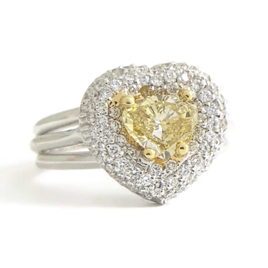FANCY YELLOW HEART DIAMOND PAVE HALO RING 18K WHITE GOLD (1 of 2)