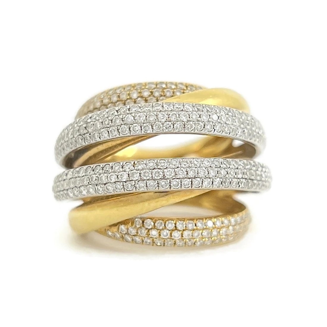 TWO-TONE PAVE DIAMOND CRISSCROSS STATEMENT RING 18K YELLOW GOLD: Two-Tone Pave Diamond Crisscross Statement Ring 18K Yellow Gold Brand: Unbranded Type/Style: Ring Material: 18K Yellow Gold, Main Stone Natural Color: Gold Size: 8 US Accessories: None Acc