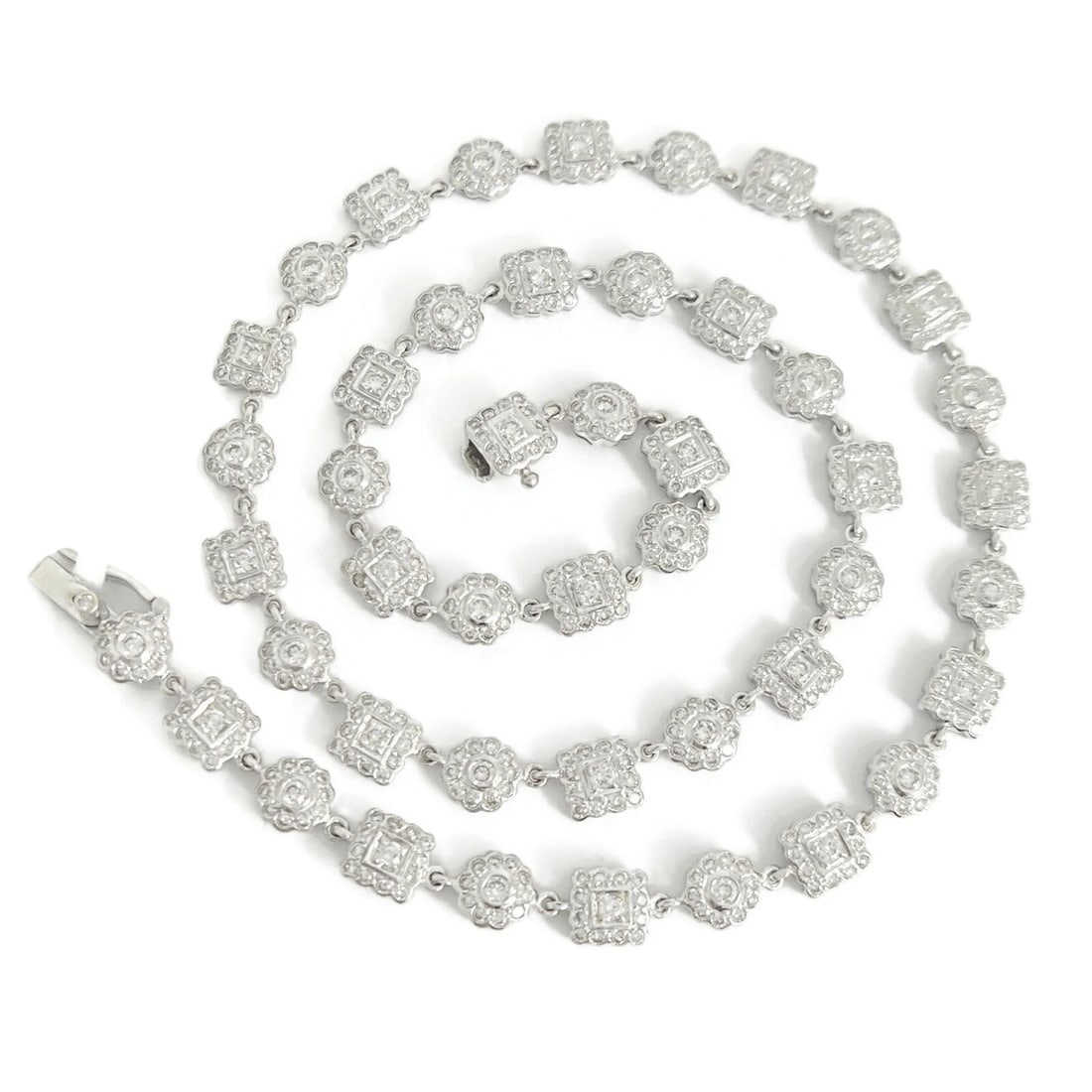 MULTISHAPE SQUARE ROUND HALO DIAMOND NECKLACE: Multishape Square Round Halo Diamond Necklace Brand: Unbranded Type/Style: Necklace Material: 18K White Gold, Main Stone Natural Color: White Size: Length: 15.5 inches Pendant: 6 mm Accessories: N