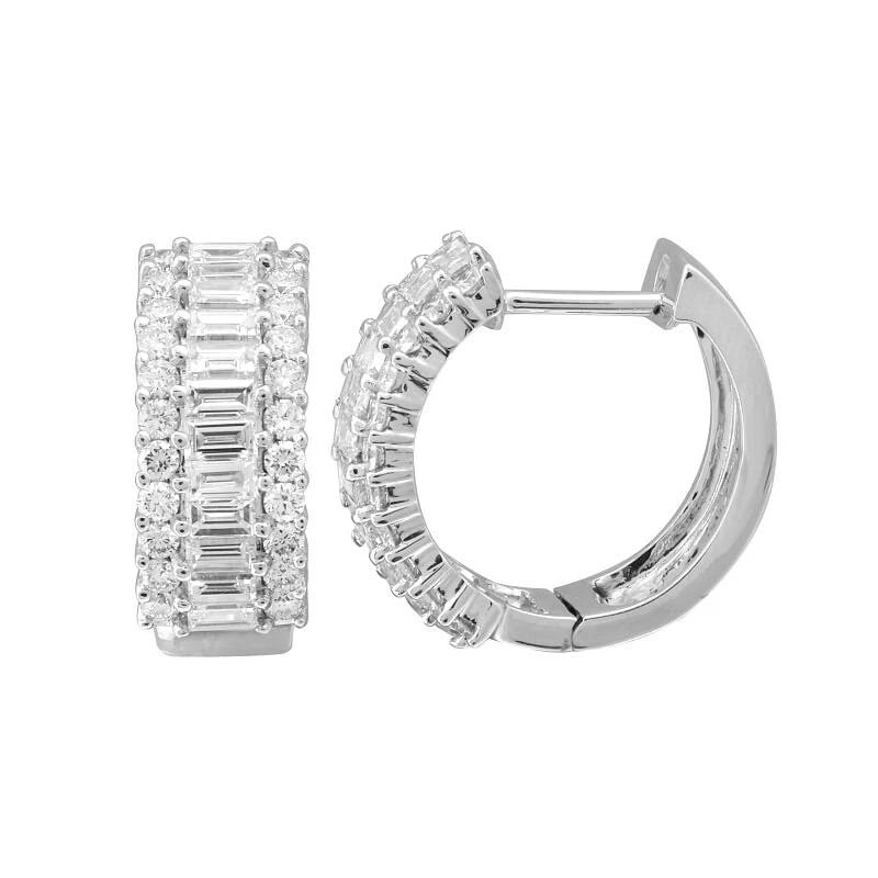BAGUETTE ROUND DIAMOND HUGGIE SMALL HOOP EARRINGS: Baguette Round Diamond Huggie Small Hoop Earrings Brand: Unbranded Type/Style: Earrings Material: 18K White Gold, Main Stone Natural Color: Silver Size: Length: 15.5 mm Width: 6.5 mm Accessories: