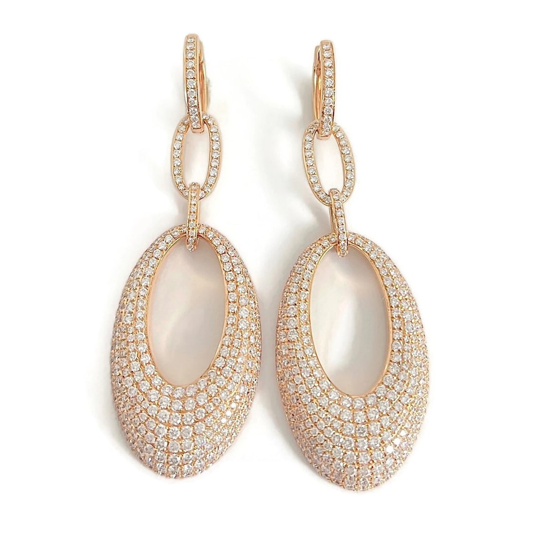 PAVE DIAMOND HANGING OVAL DANGLE DROP EARRINGS 18K PINK ROSE GOLD: Pave Diamond Hanging Oval Dangle Drop Earrings 18K Pink Rose Gold Brand: Unbranded Type/Style: Earrings Material: 18K Pink Rose Gold, Main Stone Natural Color: Pink Size: Length: 2.8 inches Width: 23.