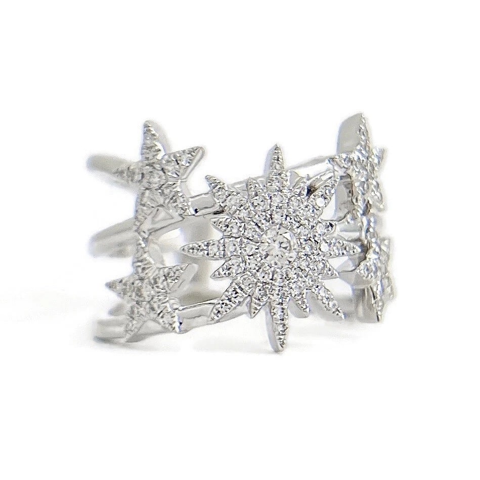 WIDE DIAMOND STAR RING 14K WHITE GOLD: Wide Diamond Star Ring 14K White Gold Brand: Unbranded Type/Style: Ring Material: 14K White Gold, Main Stone Natural Color: Silver Size: 6.5 US Accessories: None Accessories Notice: When p