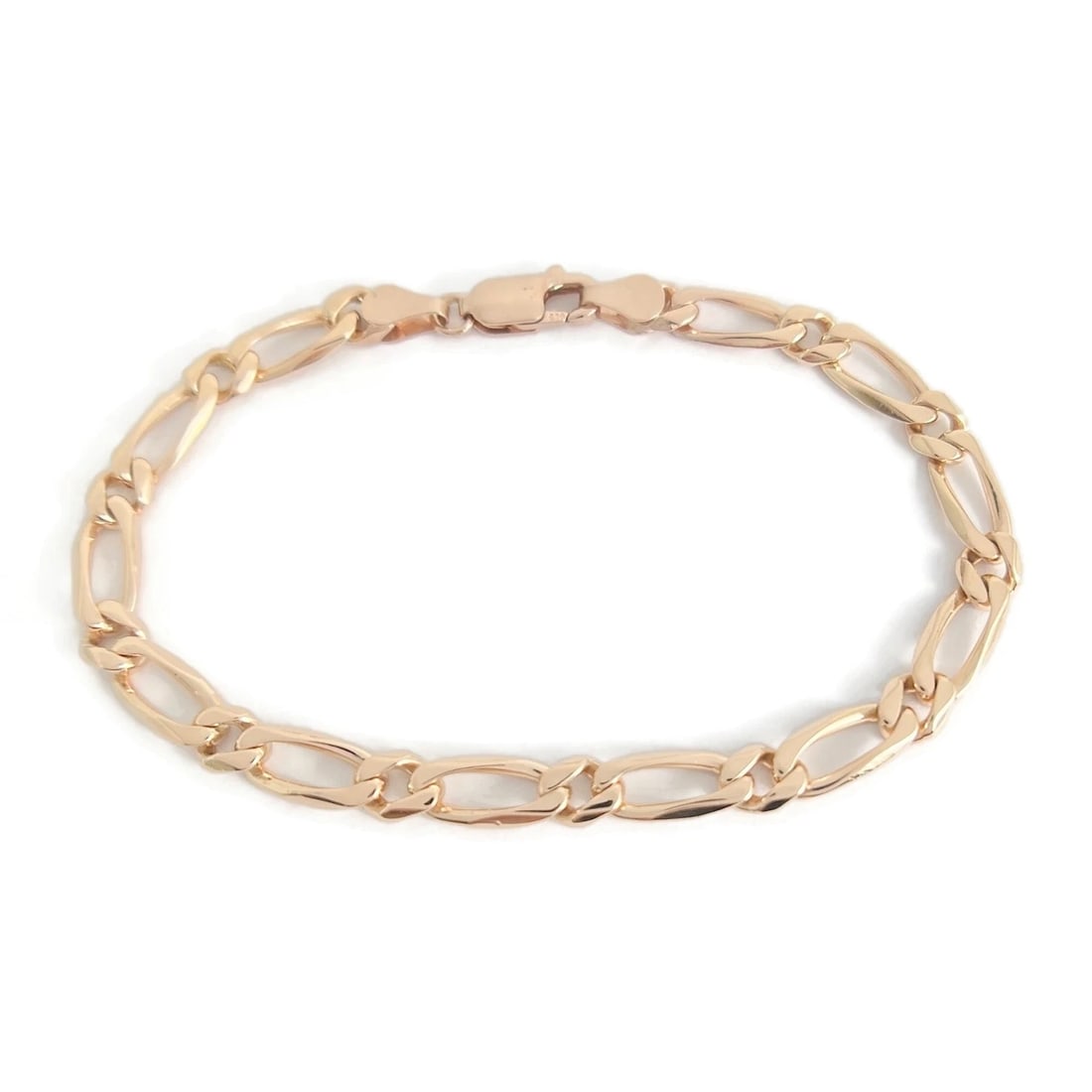 FIGARO CHAIN BRACELET 14K PINK ROSE GOLD: Figaro Chain Bracelet 14K Pink Rose Gold Brand: Unbranded Type/Style: Bracelet Material: 14K Pink Rose Gold, Color: Gold Size: Length: 7 inches Width: 5 mm Accessories: None Accessories No