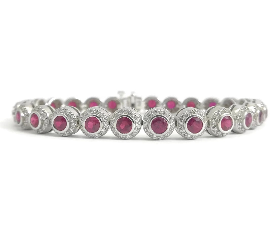 BEZEL SET RUBY WITH DIAMOND HALO BRACELET 14K WHITE GOLD (1 of 2)