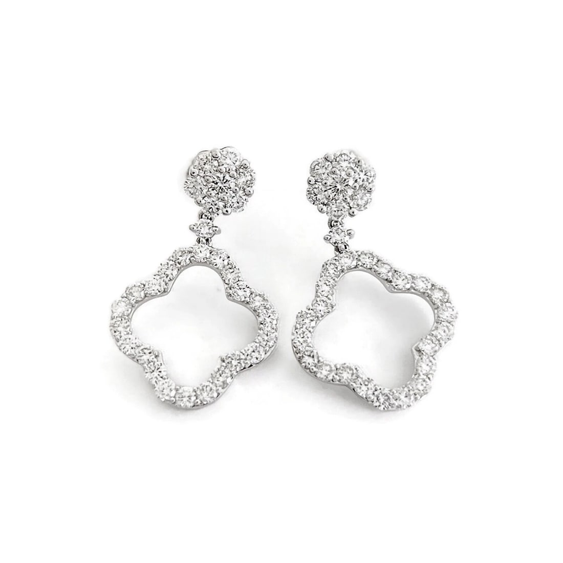 OPEN DIAMOND CLOVER FLOWER DANGLE DROP EARRINGS 14K WHITE GOLD: Open Diamond Clover Flower Dangle Drop Earrings 14K White Gold Brand: Unbranded Type/Style: Earrings Material: 14K White Gold, Main Stone Natural Color: Silver Size: Length: 1.1 inchWidth: 16.2 mm