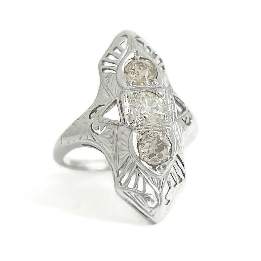 ANTIQUE ART-DECO DIAMOND LONG FILIGREE RING 18K WHITE GOLD: Antique Art-Deco Diamond Long Filigree Ring 18K White Gold Brand: Unbranded Type/Style: Ring Material: 18K White Gold, Main Stone Natural Color: Silver Size: 6.5 US Accessories: None Acces