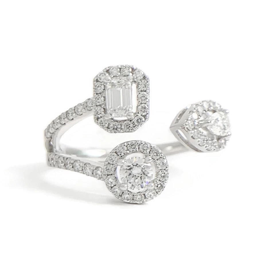 MULTISHAPE DIAMOND HALO RING 18K WHITE GOLD: Multishape Diamond Halo Ring 18K White Gold Brand: Unbranded Type/Style: Ring Material: 18K White Gold, Main Stone Natural Color: Silver Size: 6.75 US Accessories: None Accessories Notice: