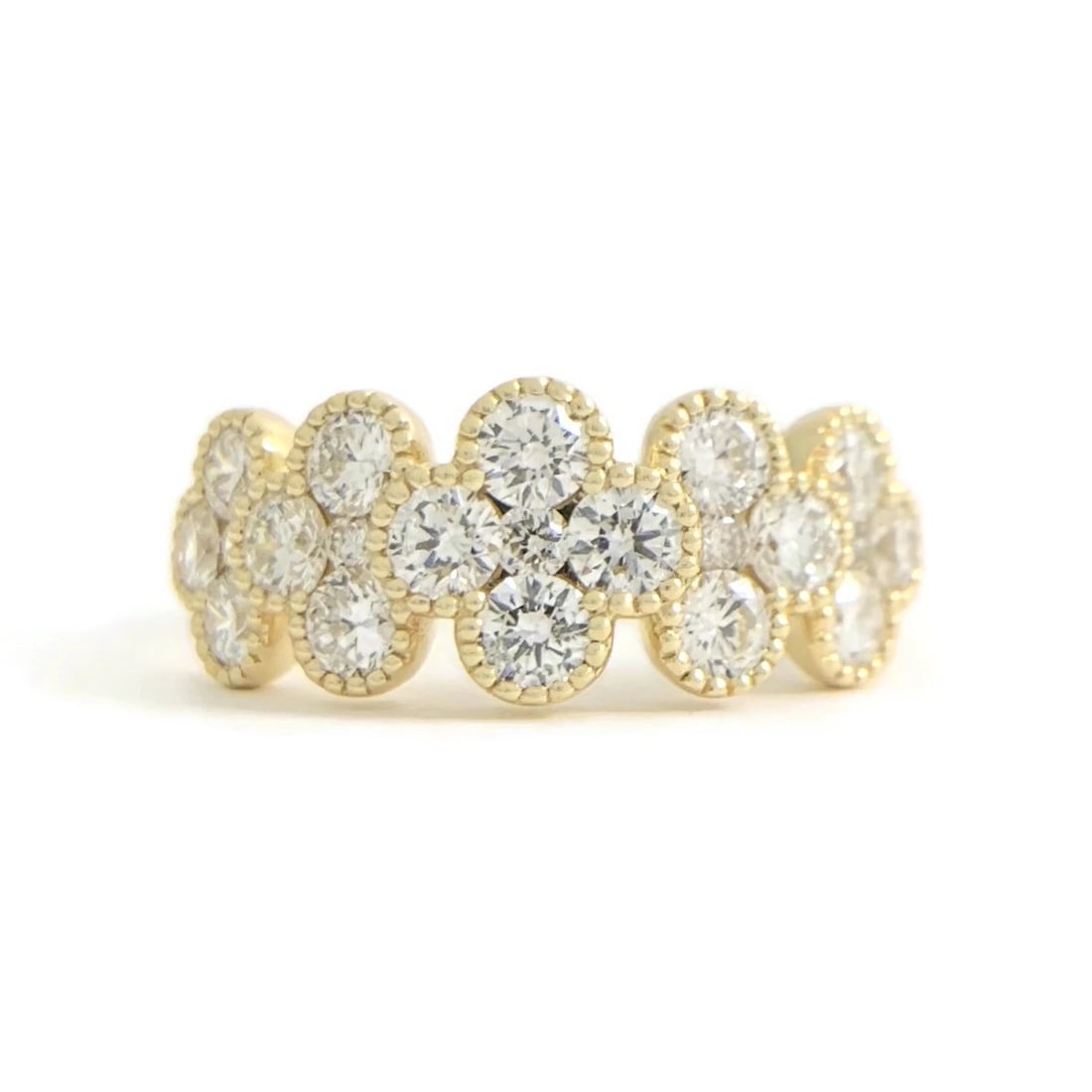 WIDE CLUSTER CLOVER DIAMOND RING 14K YELLOW GOLD: Wide Cluster Clover Diamond Ring 14K Yellow Gold Brand: Unbranded Type/Style: Ring Material: 14K Yellow Gold, Main Stone Natural Color: Gold Size: 6.5 US Accessories: None Accessories Noti