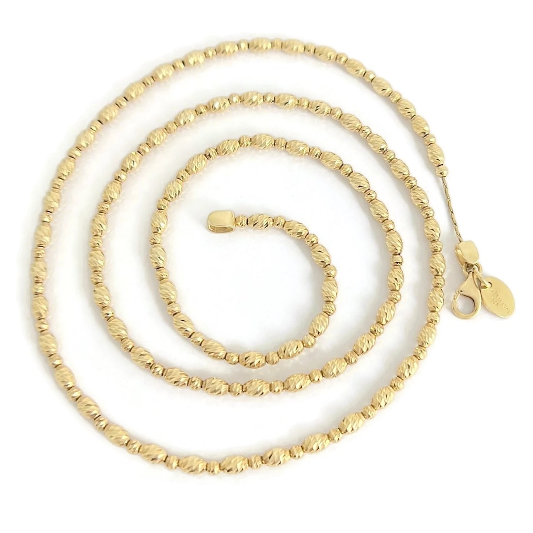 ITALIAN LONG BALL BEAD CHAIN NECKLACE 14K YELLOW GOLD: Italian Long Ball Bead Chain Necklace 14K Yellow Gold Brand: Unbranded Type/Style: Necklace Material: 14K Yellow Gold, Color: Gold Size: Length: 22.5 inches, Width: 3 mm Accessories: None