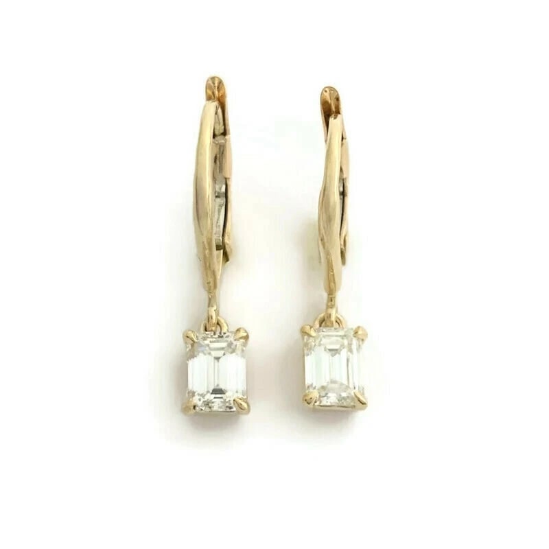 EMERALD CUT DIAMOND DANGLE DROP EARRINGS 14K YELLOW GOLD (1 of 5)