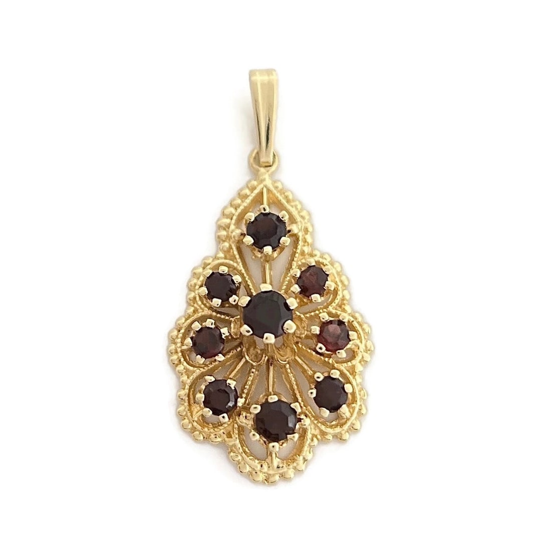 ESTATE GARNET GEMSTONE FILIGREE CHARM PENDANT 14K YELLOW GOLD (1 of 2)