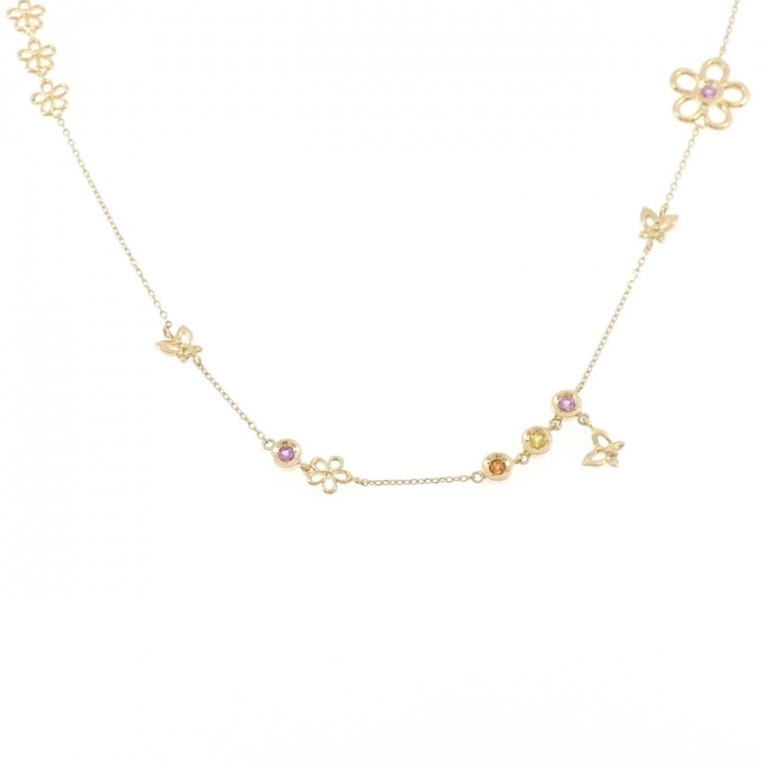 K18YG FLOWER X BUTTERFLY COLOR STONE NECKLACE: K18YG Flower x Butterfly Color Stone Necklace Brand: Unbranded Type/Style: Sapphire Necklace Material: K18 yellow gold, Main Stone Sapphire Color: YG Size: Actual Size Max width approx.: 11.1mm Chain