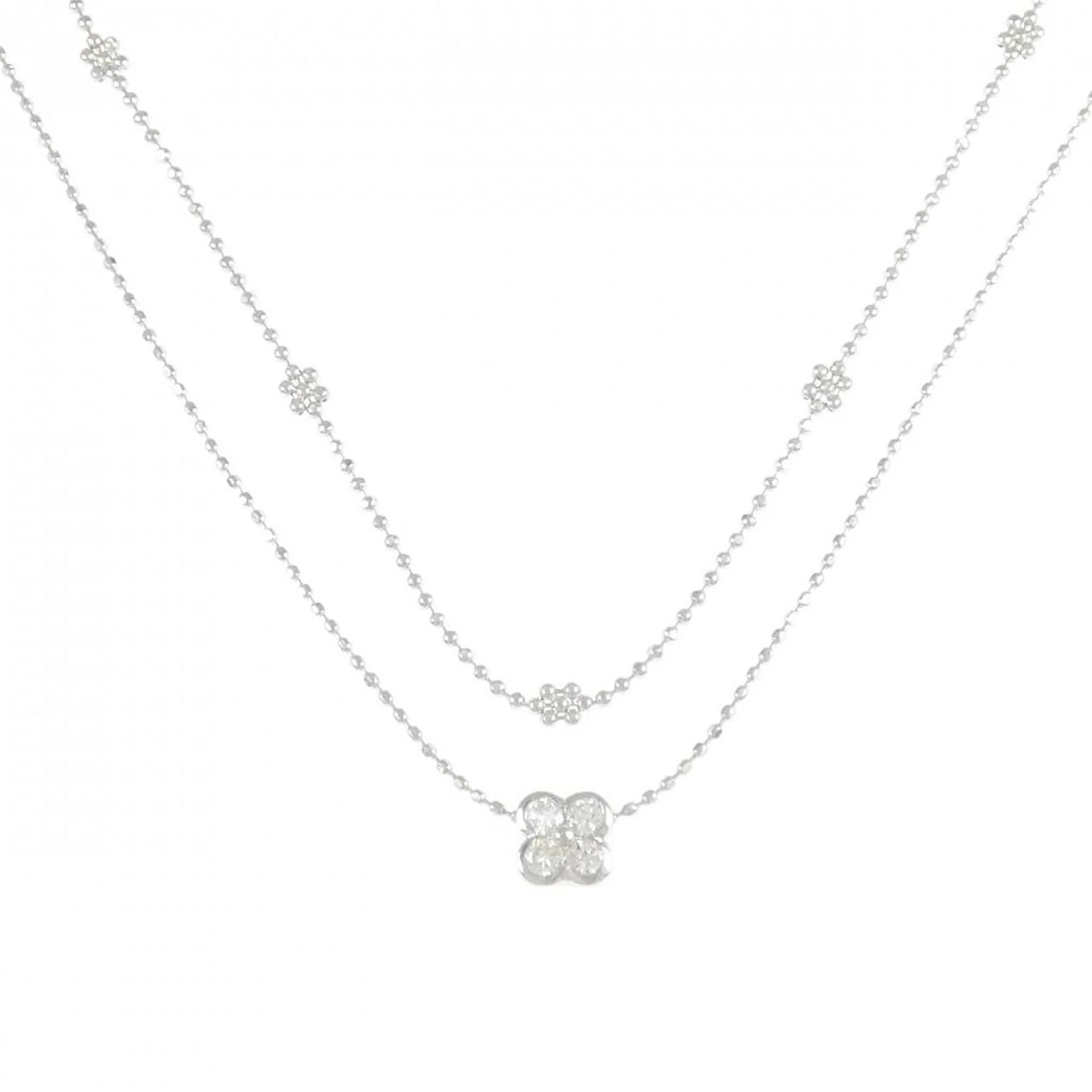 K18WG FLOWER DIAMOND NECKLACE: K18WG Flower Diamond Necklace Brand: Unbranded Type/Style: Diamond Necklace Material: K18 white gold, Color: WG Size: Actual Size Max width (top): 2.4mm Max width (bottom): 5.2mm Chain maximum width: 