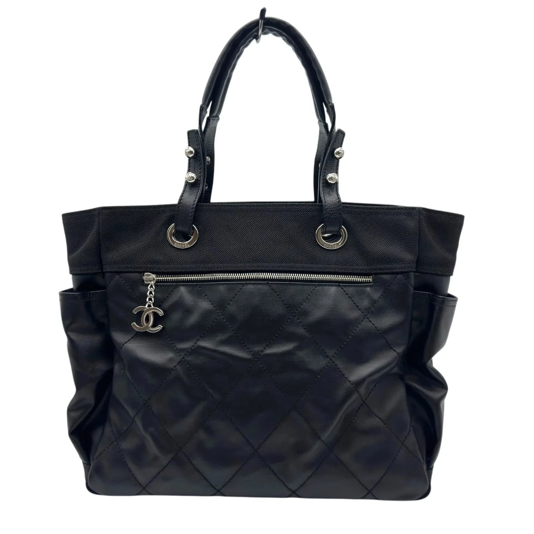 CHANEL PARIS BLACK SHW COATED CANVAS: CHANEL Paris Black SHW Coated Canvas Brand: CHANEL Type/Style: Shoulder Bag Material: Coated Canvas Color: Black / SV Hardware Size: W: 34.5cm / H: 30cm / D: 14.5cm Accessories: None Accessories