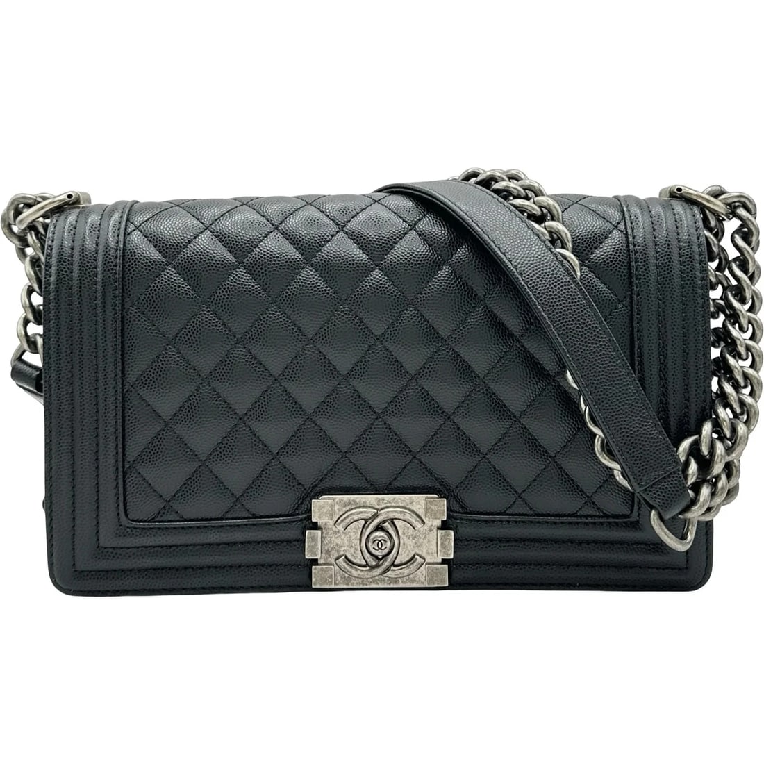 CHANEL BLACK SHW CAVIAR SKIN SHOULDER BAG: CHANEL Black SHW Caviar Skin Shoulder Bag Brand: CHANEL Type/Style: Shoulder Bag Material: Caviar Skin Color: Black / SV Hardware Size: W: 25cm / H: 16.5cm / D: 6.5cm Accessories: None Accessories